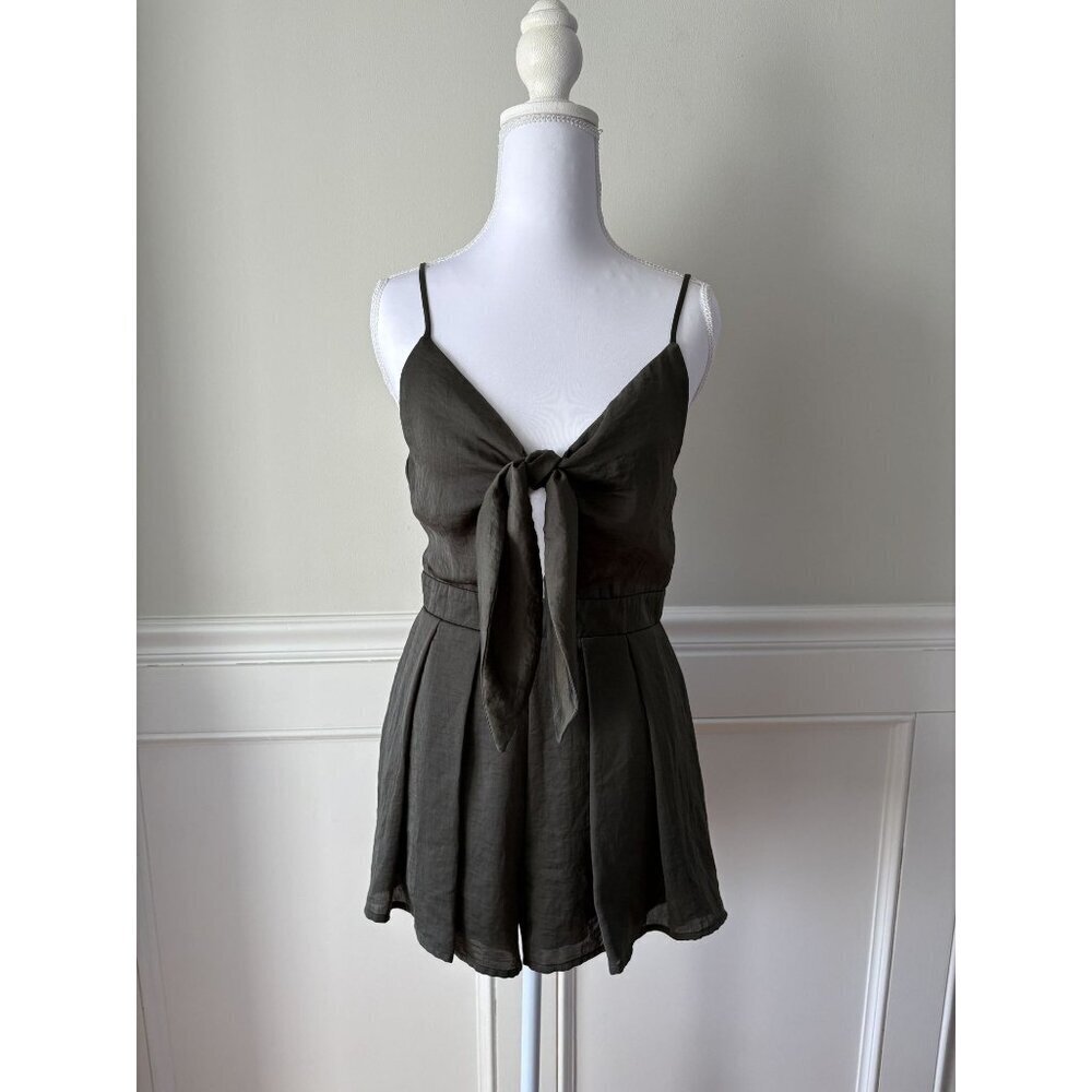 GB Satin Tie-Front Romper Olive Green S EUC